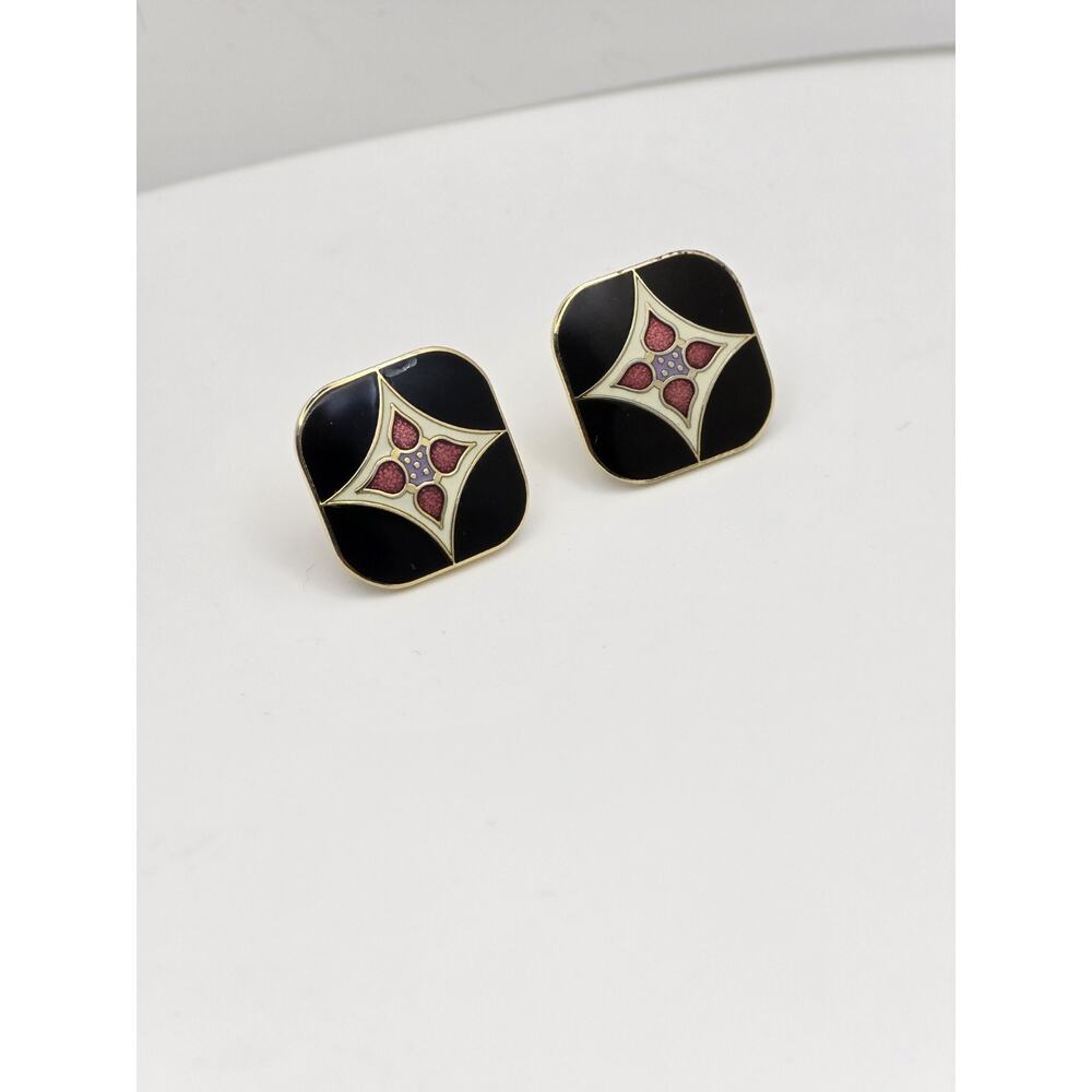 Laurel Birch Minya Enamel Flower Cloisonne Square Stud Earrings Retro 80's